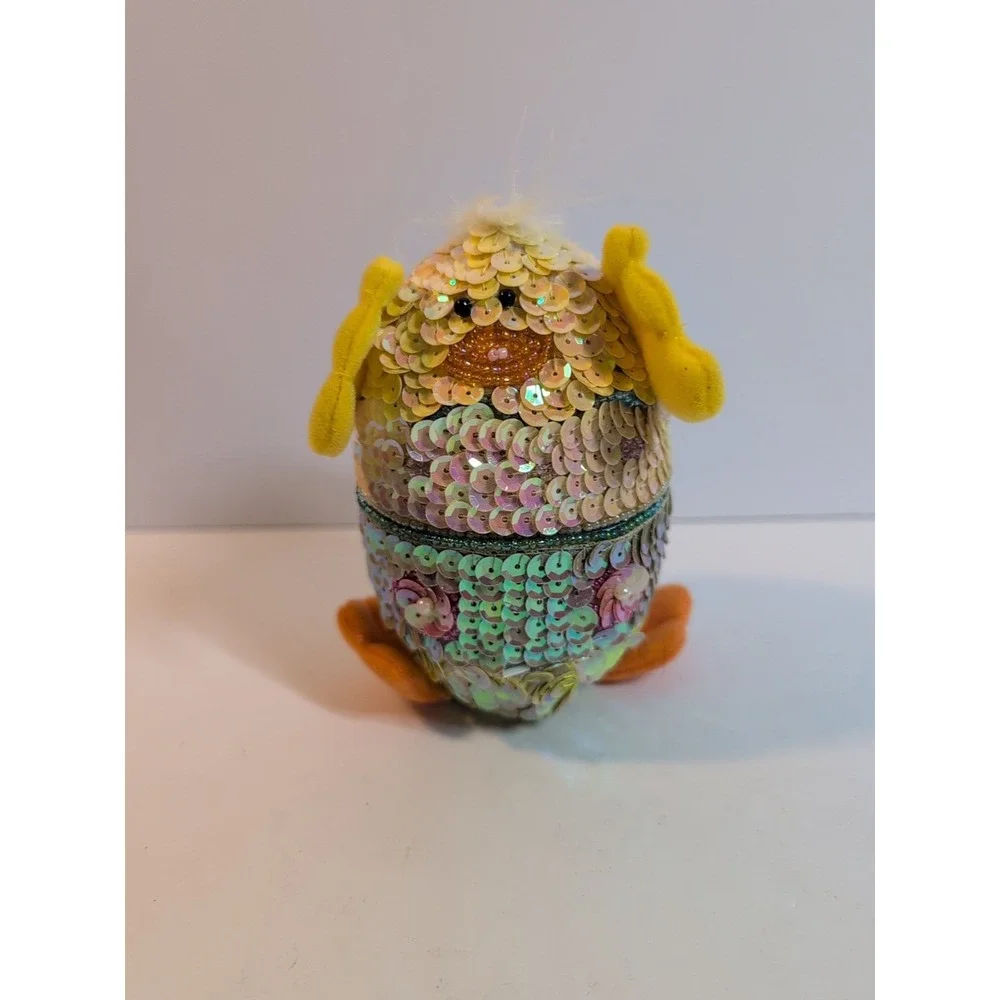 Vintage Easter Chick Trinket egg shaped box‎  spring decor sequin bead detail